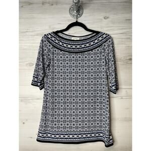 Max Studio Shirt Womens Small Blue White Boho Print Stretch Pullover 3/4 Sleeve